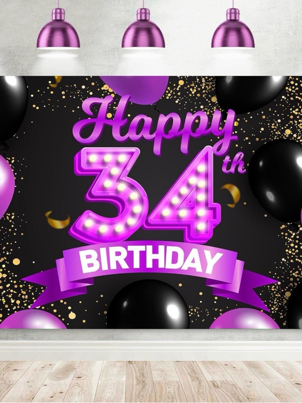 Happy 34th Birthday Purple and Black Banner Backdrop Cheers to 34 Years Old